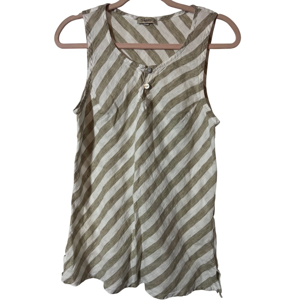 Vanity Tank Top XL Made in Italy Diagonal Stripe Tan White Linen Sleeveless